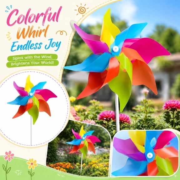 12Pcs Rainbow Wind Spinners, Rainbow Party Decorations, Kids Party Favors, Spring Party Decorations, Summer Outdoor Decor, 16X7 Inch Bright Rotating Garden Pinwheels for Outdoor