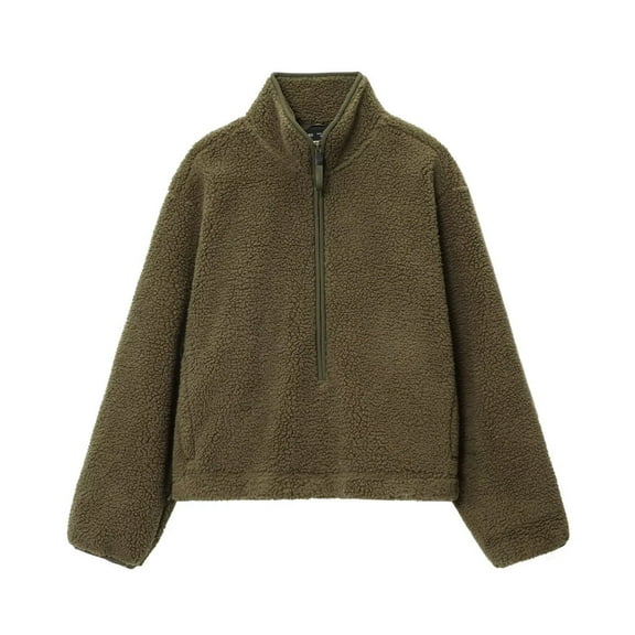 Women’s Fuzzy Fleece Jacket Long Sleeve Sherpa Lined Half Zip Up Coat with Stand Collar and Pockets Warm Casual Polar Fleece Outerwear for Fall and Winter Layering