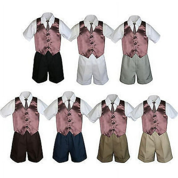 4pc Set Boy Toddler Formal Brown Vest and Necktie Navy Black Khaki Shorts S-4T