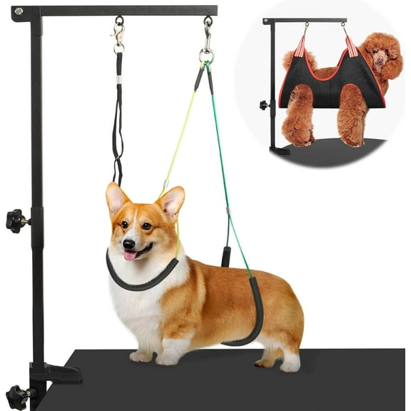 Dog Grooming Arm with Pet Grooming Hammock, 35" Pet Grooming Table Arm with Adjustable No Sit Haunch Holders, Dog Grooming Stand with Loop Noose for Small and Medium Pets