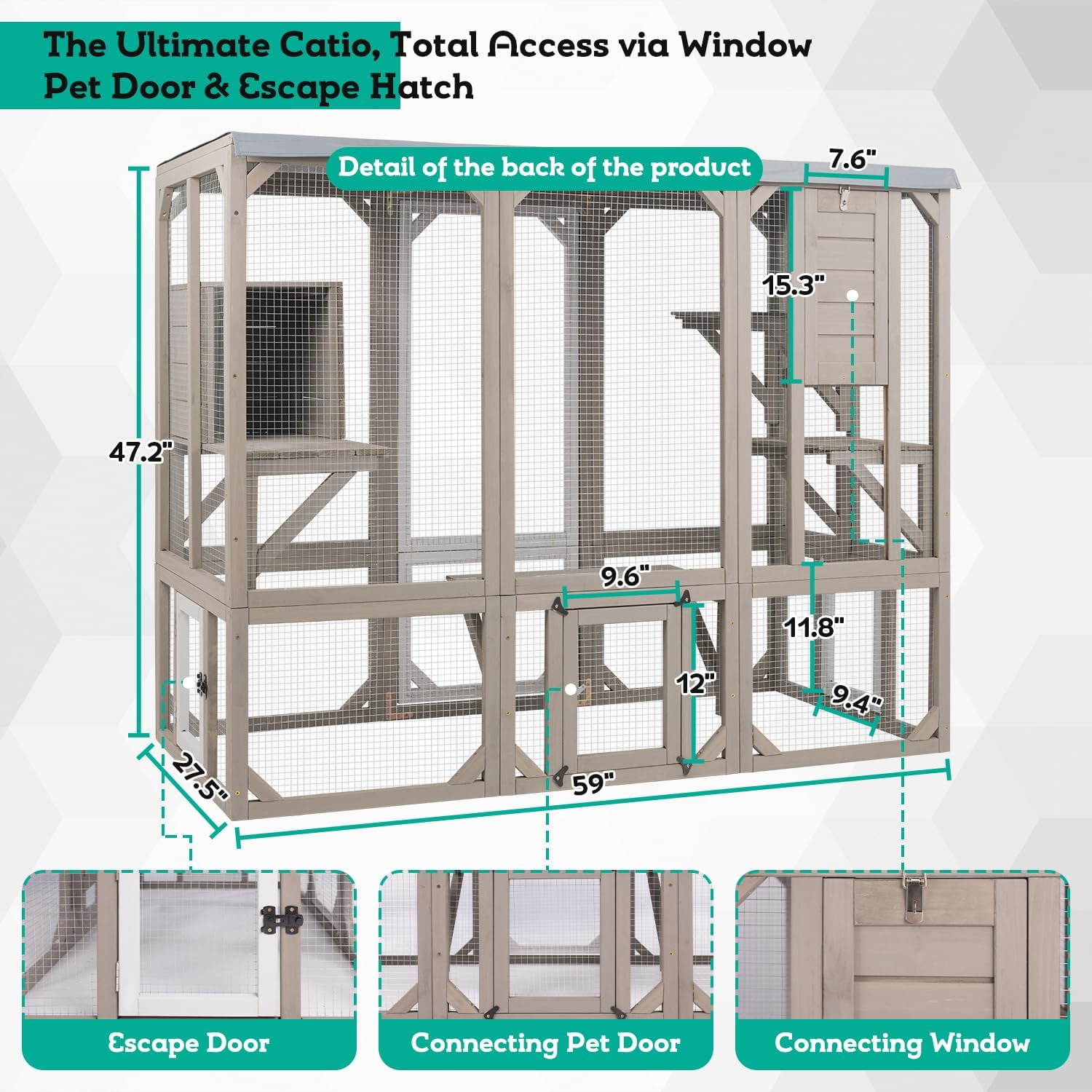 PETSCOSSET Large Catio Outdoor Cat Enclosure Window Access, Wooden Kitty Cage with Resting Room &3Platforms, Attached to Window