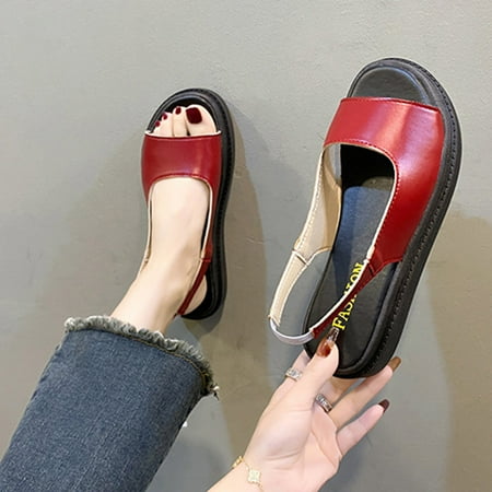 

Hvyesh Platform Sandals for Women Casual Summer Thick Soled Medium Heel One-line Buckle Strap Flats Peep-toe Beach Sandals For Women Size 4.5