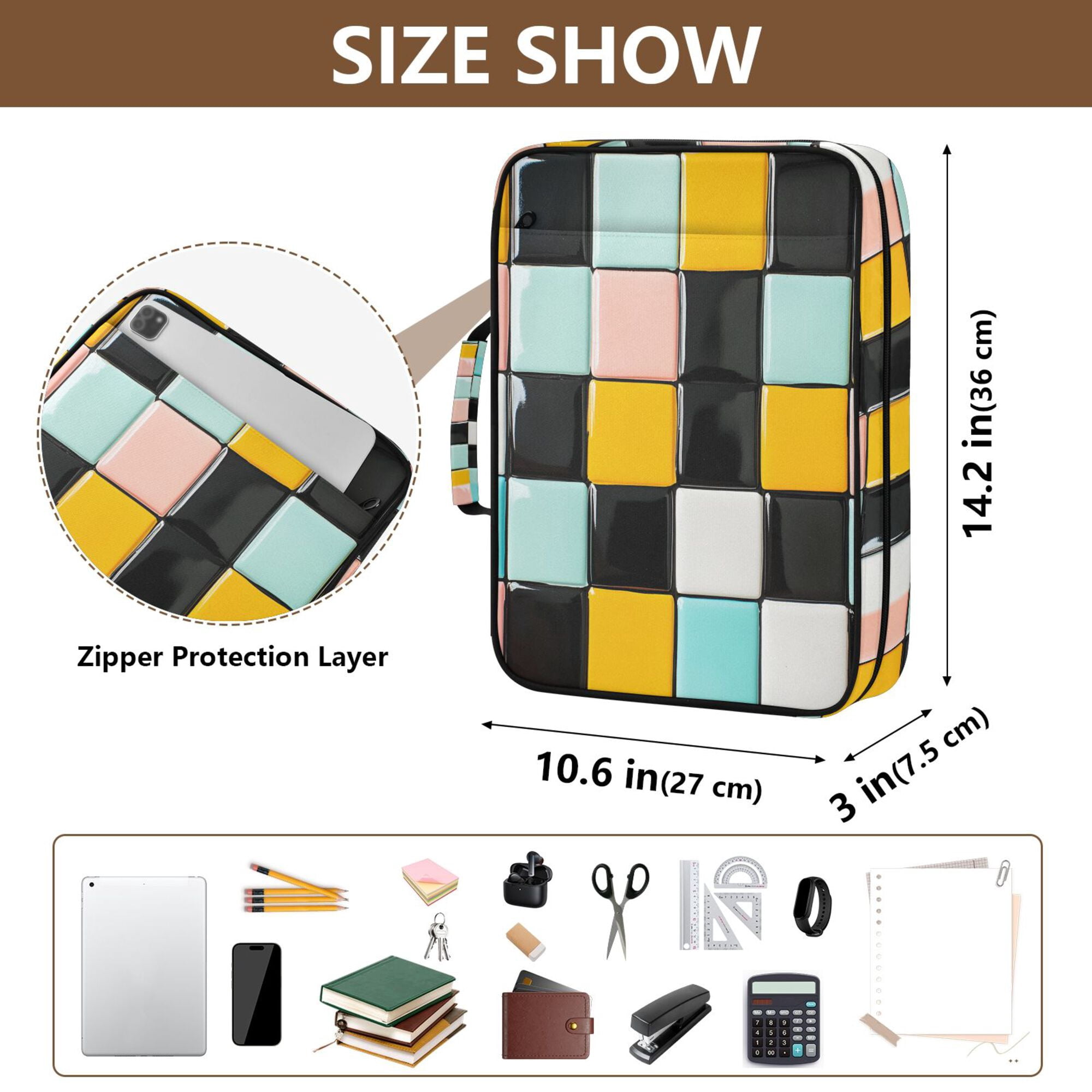 FORMRS Accordion File Folder A4 Size 7-Pocket Expanding Document Organizer Bag with 3 Ring Binder, Yellow Checkered Pattern