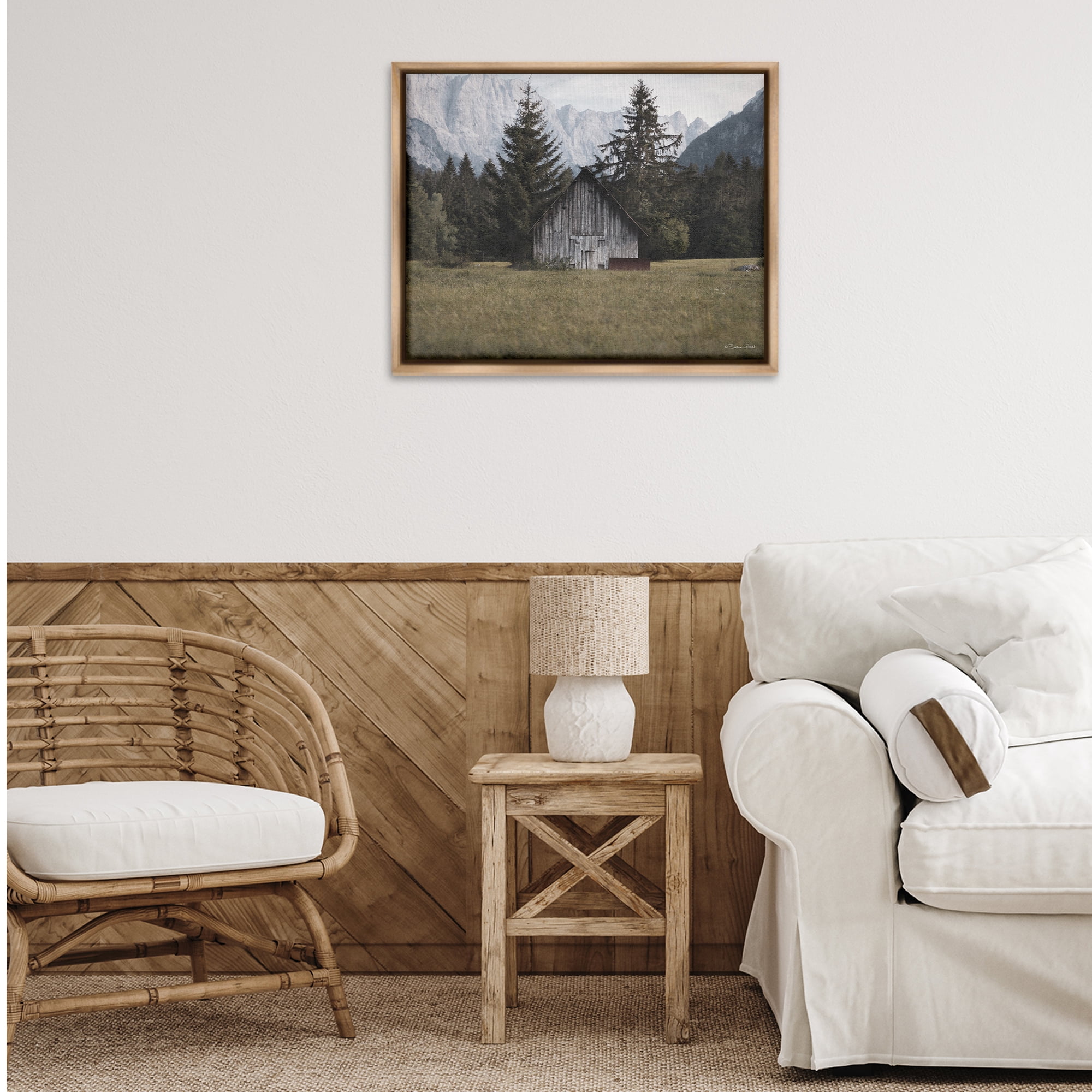Stupell Industries Rustic Cabin Landscape Landscape Painting Brown Floater Framed Art Print Wall Art, 31 x 25