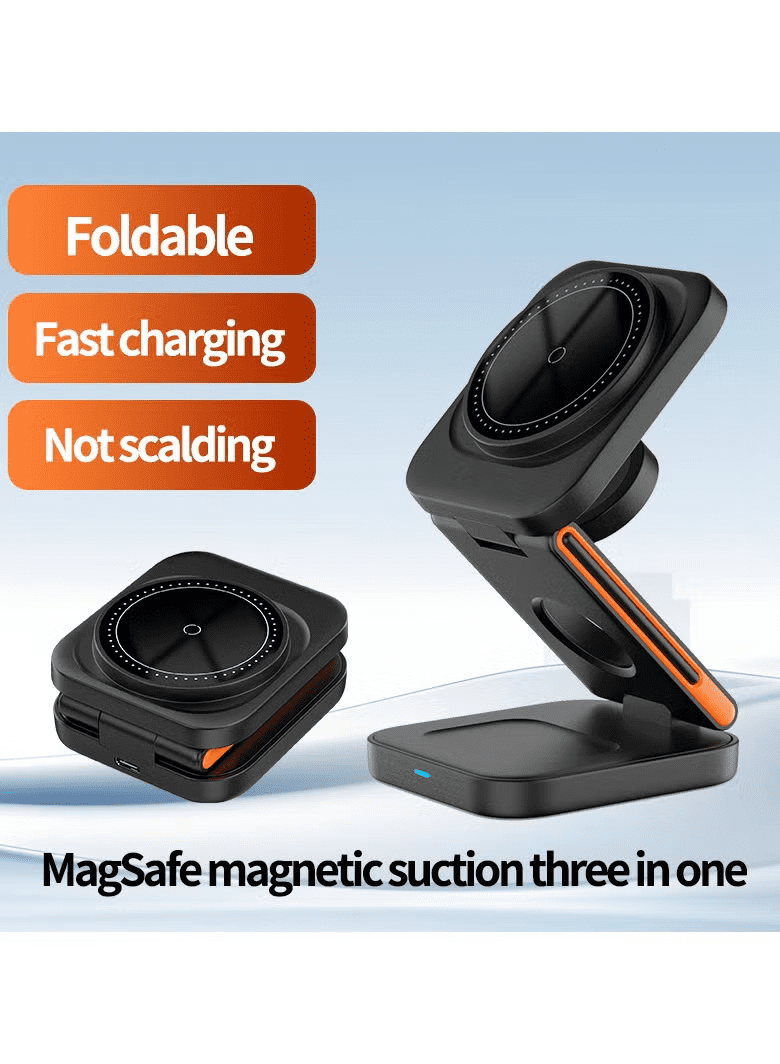 3 In 1 Magnetic Wireless Charger Station, Fast Wireless Charger Stand for Fast Charge, Foldable Suitable For Travel Phone Apple iPhone 15 14 13 12 11 X Pro Max iWatch 8 7 6 5 4 Samsug Galaxy S