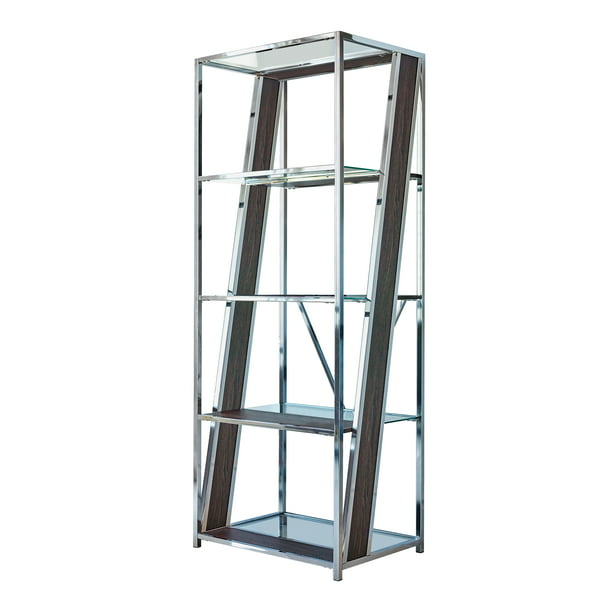 4 Tier Bookcase With Glass Shelf Chrome, Narrow Chrome And Glass Bookcase