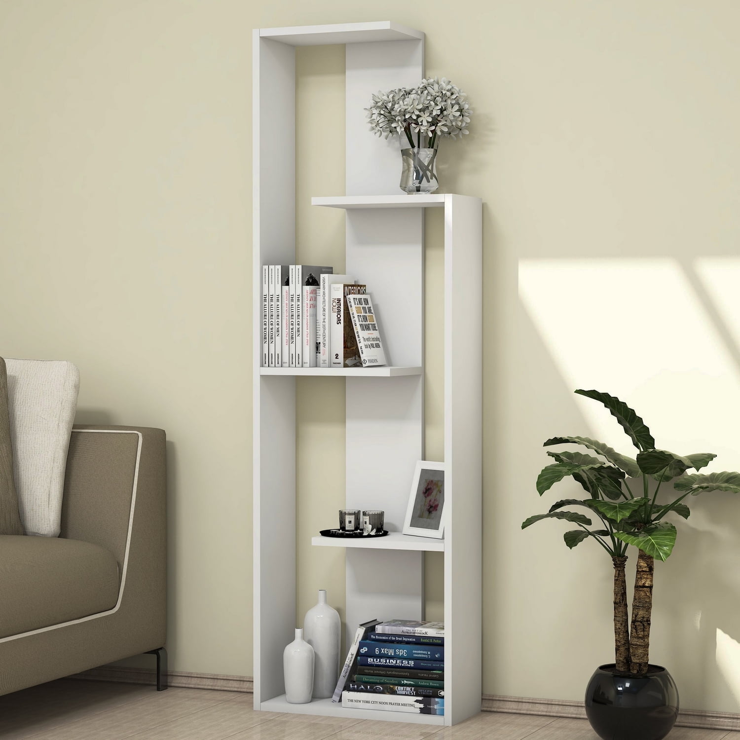 Modern Geometric Bookcase, White Finish Bookshelf with 5 Shelves, 63" H