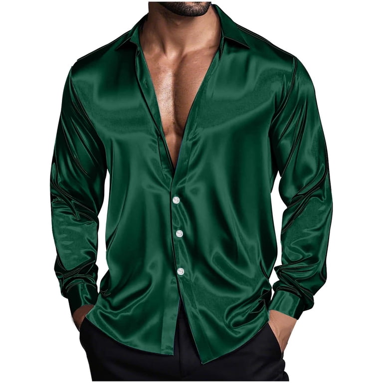 Men's Luxury Shiny Silk Like Satin Dress Shirt Long Sleeve Casual Slim Fit  Muscle Button Up Shirts Green XL - Walmart.com