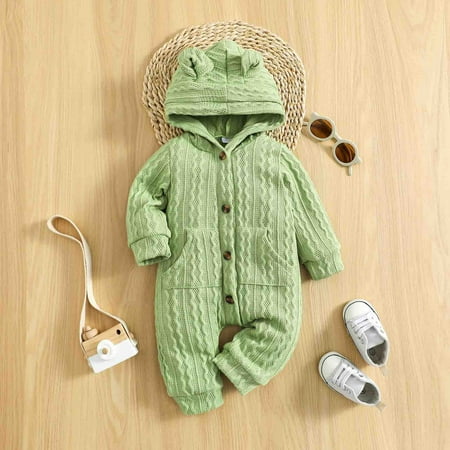 

NIUREDLTD Infant Boys Girls Long Sleeve Ribbed Hooded Romper Toddler Jumpsuit With Pocket Clothes