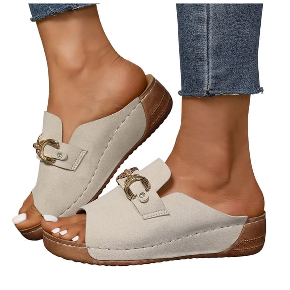 Dakaela Orthopedic Wedge Sandals Women 2026 Suede Platform Slip on Slides with Arch Support Open Toe Casual Beach Walking Shoes Beige Size 6.5