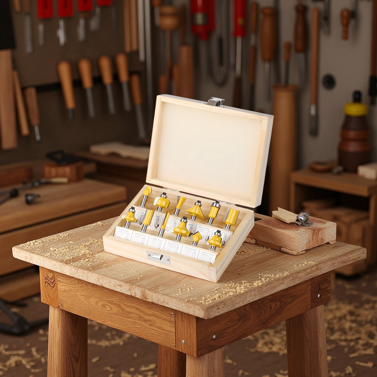 12 Pcs Router Bit Set 1/4 Shank, Tungsten Carbide Woodworking Tools with Straight, Cove, V-Groove, Chamfer, Flush Trim Bits, Universal Shank, Wooden Box for Storage, Yellow