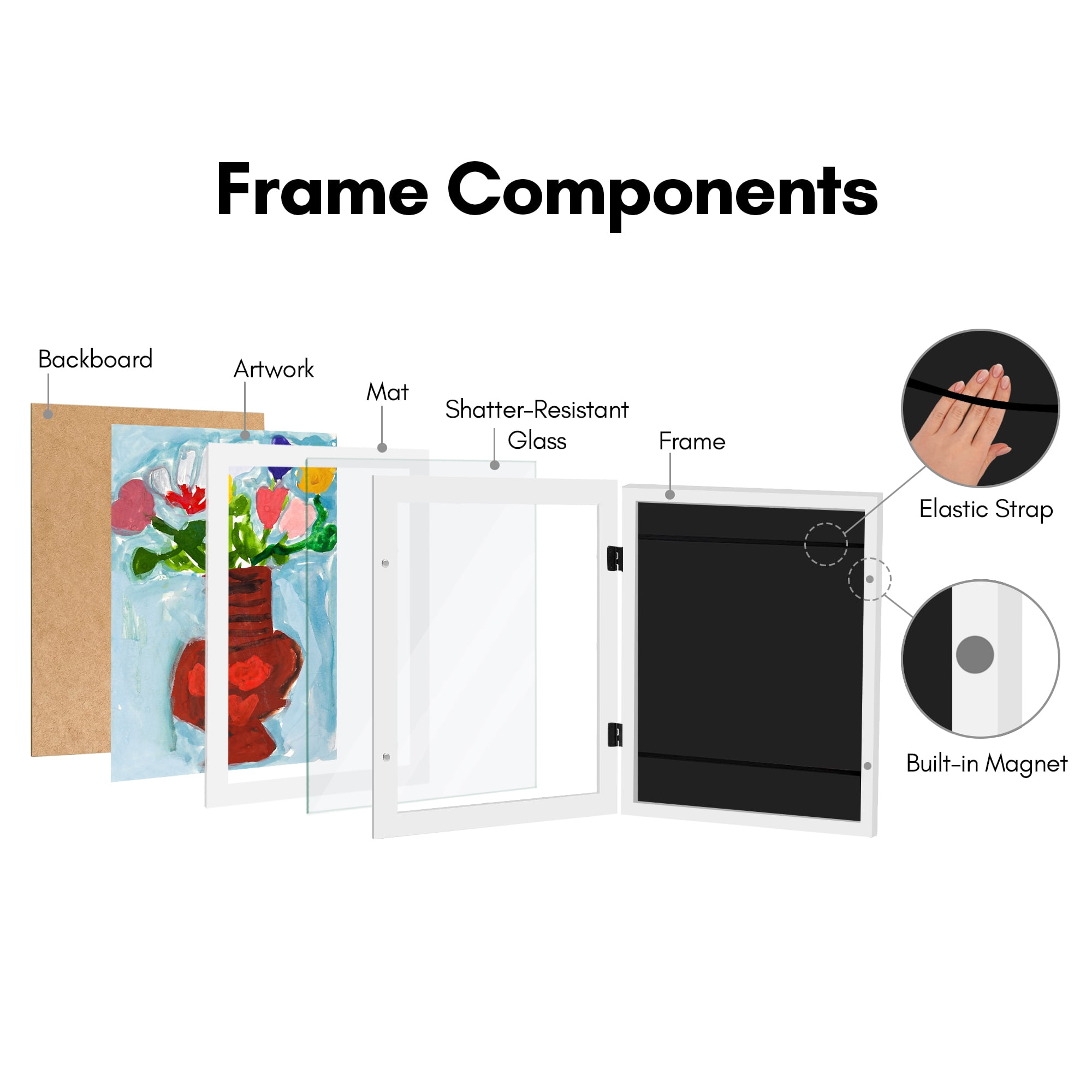 Americanflat 8.5x11 Kids Art Frame Holds 100 Art Pieces Magnetic Letter Size Display Mini - White