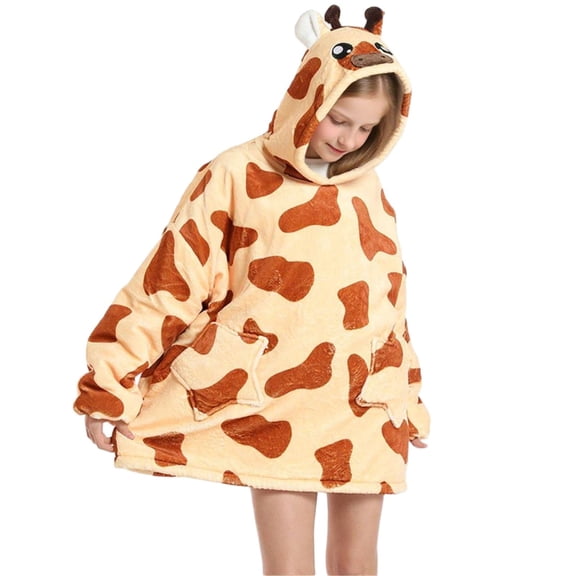 Cevemin Giraffe Print Fleece Hooded Home Top with Star Pockets - Warm Comfortable Casual Pullover for Loungewear and Sleepwear