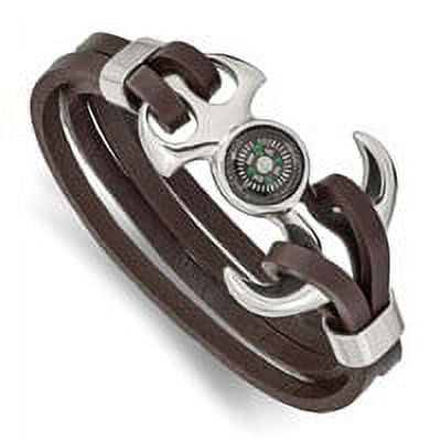 Primal Steel Stainless Steel Polished Functional Compass Brown Leather 8.5 Inch Bracelet