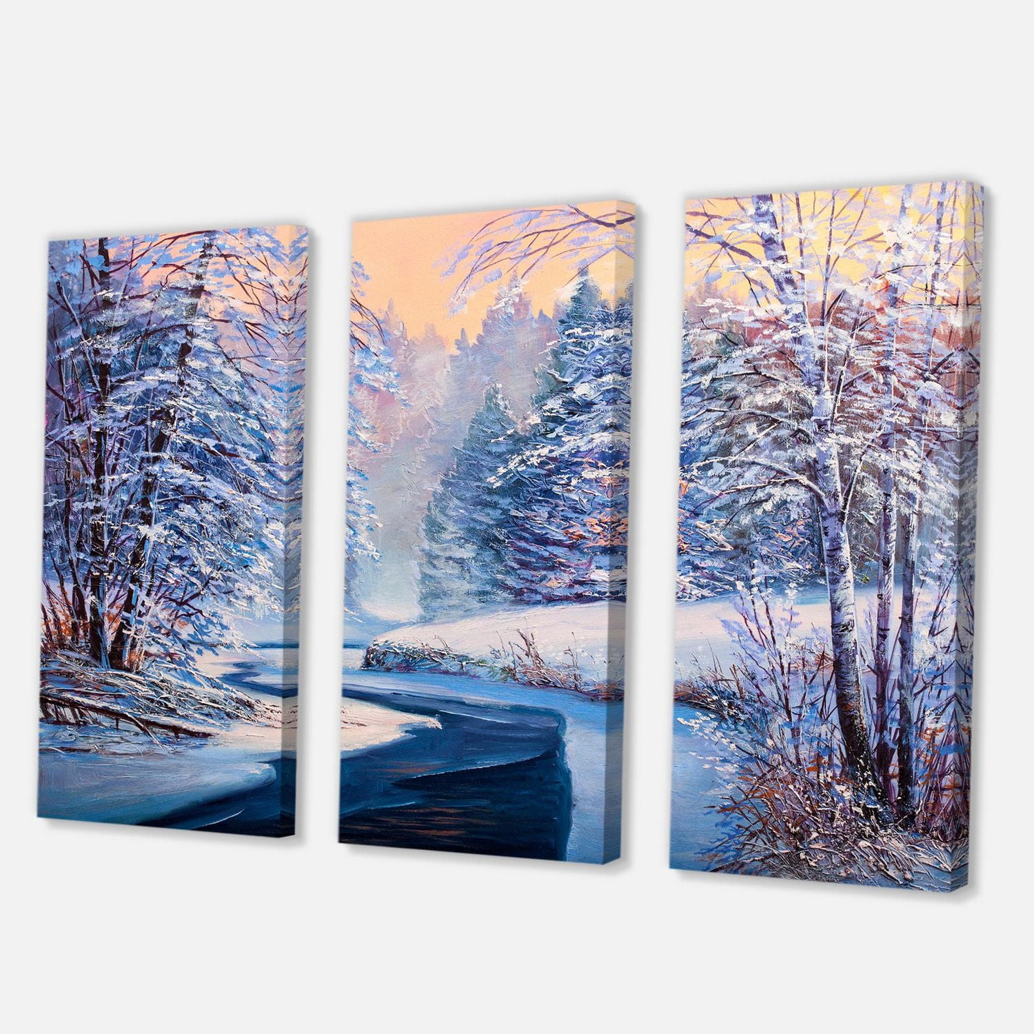 Designart Pastel Christmas Forest With River Canvas Wall Art