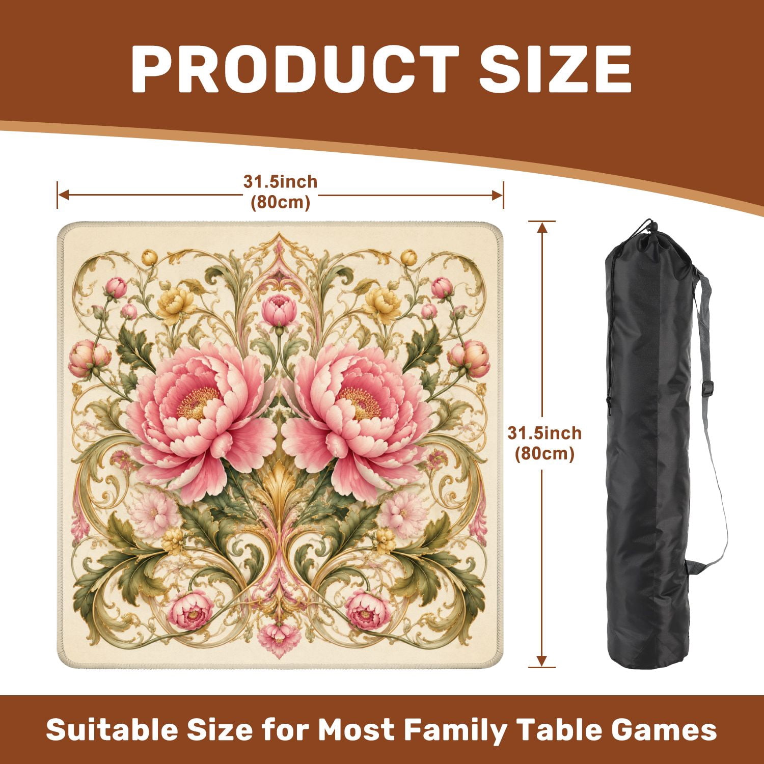 Mahjong Mat 31.5" x 31.5" Floral Blossom Pink Green Leaves Vintage Style Non-Slip Noise Reduction Mahjong Tiles Table Cover for Dominoes Poker Card Board and Tile Games