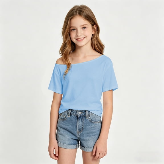 2026 New Girls Off the Shoulder Tops Summer Casual Short Sleeve T Shirts(Light Blue,8-9 Years)