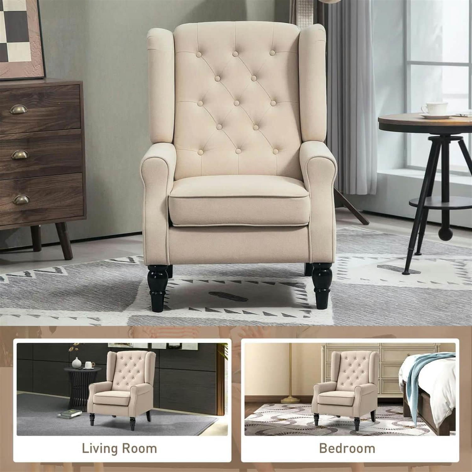 Demi Bonn 40" Modern Upholstered Armchair with High Back Button Tufted, Mid-Century Retro Wood Leg Chair for Living Room, Bedroom, Beige