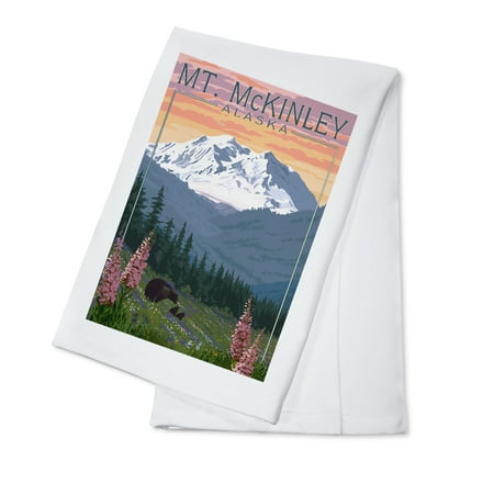 

Mount McKinley Alaska Bear and Cubs Spring Flowers (100% Cotton Tea Towel Decorative Hand Towel Kitchen and Home)