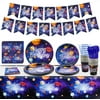 Outer Space Party Supplies - Solar System Galaxy Planet Theme Happy Birthday Banner, Plates, Napkins, Cup, Straws, Knive