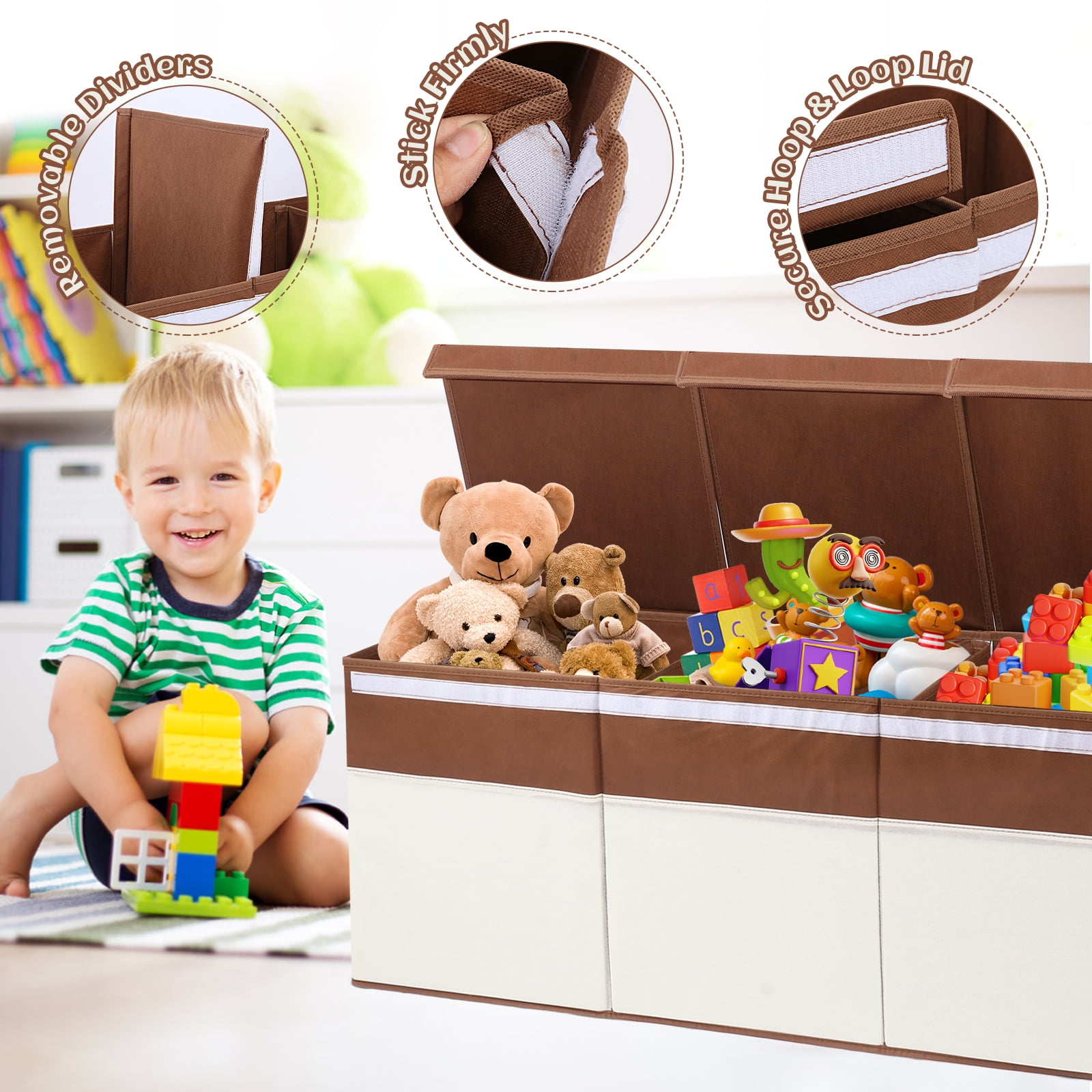 FIIOEOY Extra Large Collapsible Toy Storage Box with Lid, Divider & Mesh Pockets, 40”x14”x16”, White & Brown
