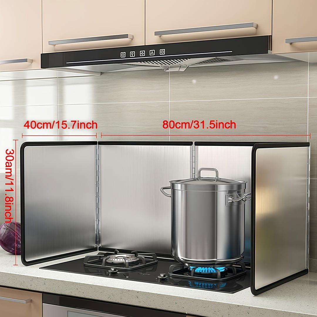 4-Sided Foldable Splatter Guard - 31.5'' Stainless Steel Splash Screen with Nonstick Coating | Heat Resistant Oil Shield for Gas Range & Frying Pan | Commercial Kitchen Backsplash Protector