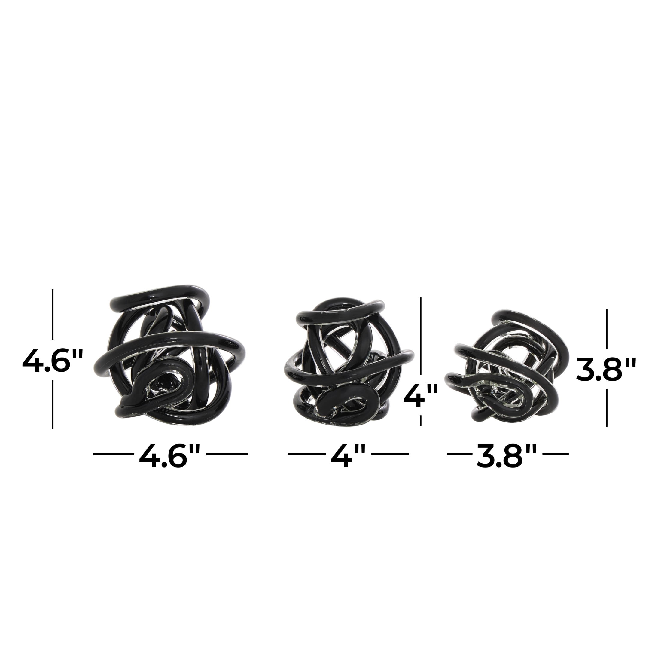 5", 4", 4"W Black Glass Handmade Knotted Ball Knot Sculpture, by DecMode (3 Count)