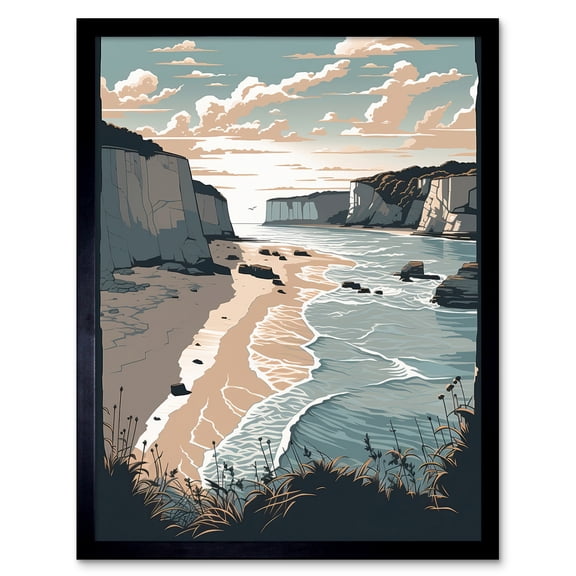 Bay with Cliffs Pastel Colour Coastal Landscape Art Print Framed Poster Wall Decor 12x16 inch