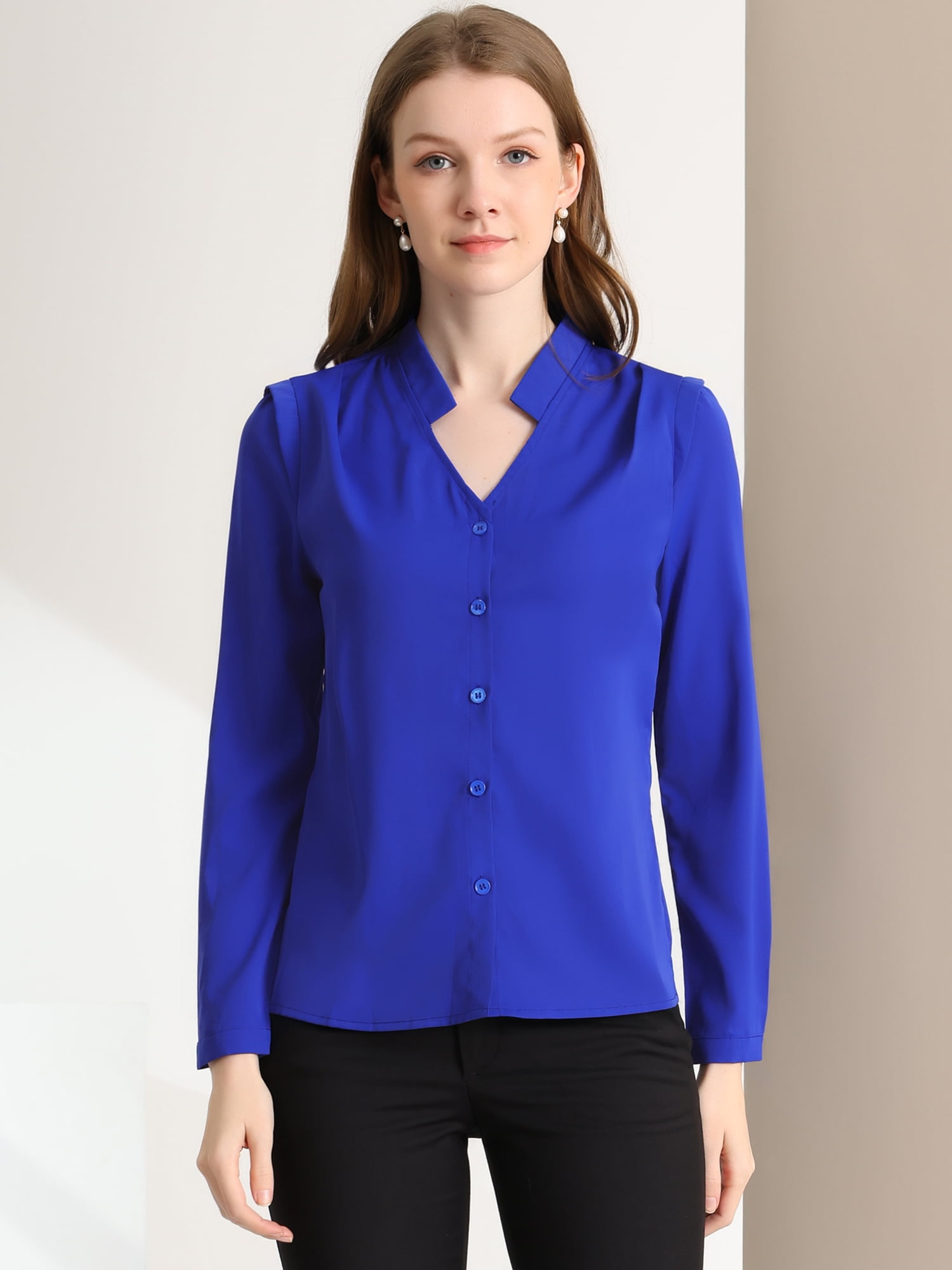 DARING DIVA Women's Elegant V Neck Long Sleeves Button Down Shirt XS Royal Blue