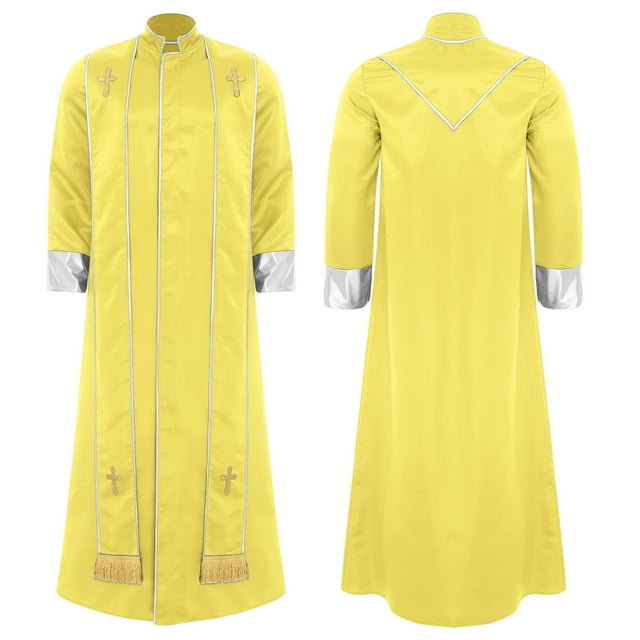 RUNQHUI Men's Priest Robe With Gold Trim And Cross Front Zip Closure For Church Worship And Cosplay Yellow L