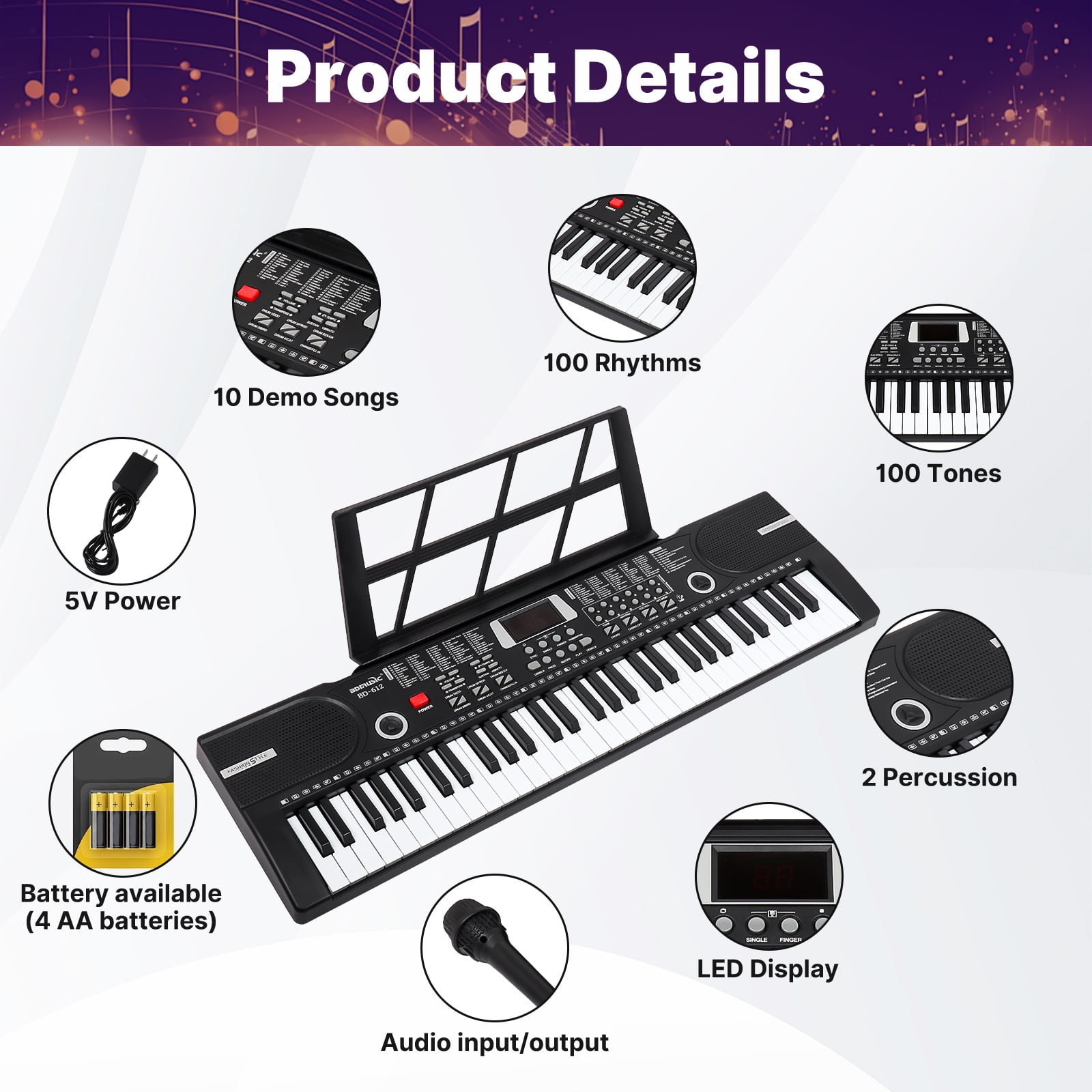 iMeshbean 61 Keys Keyboard Piano Electronic Digital Piano w/Built-In Speaker Microphone（black）
