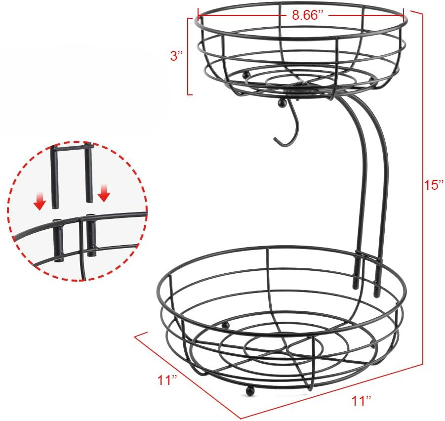 Iron 2-Tier Countertop Fruit Basket. Storage with Banana Hanger. Black, 64 Ounces. Stylish and Practical. Organize Your Fruits and Veggies. Durable Iron Construction.