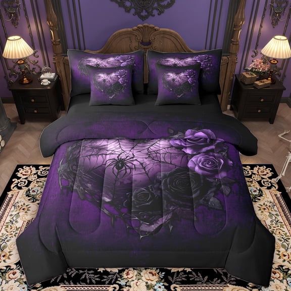Homewish Gothic Purple Rose 7-Piece Bedding Comforter Set For Teens Adults,Flowers Love Heart King Bedding Sets,Black Spider Web Ultra Soft Bed Sheets,Exotic Style Bedroom Decor,Reversible