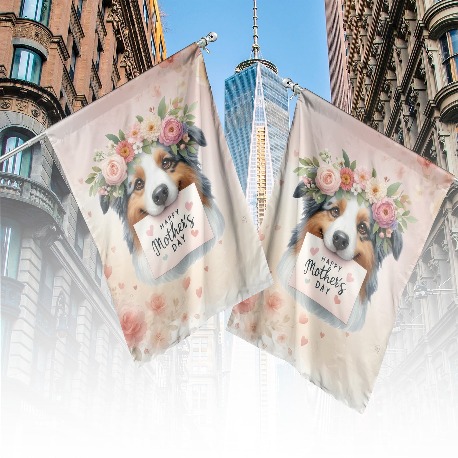 Happy Mother's Day Australian Shepherd with Flower Crown and Greeting Card House Flag 28x40in Double Sided Aussie Dog Lover Gifts Outdoor Decor - 13004
