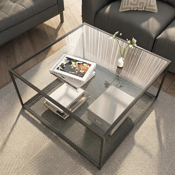 Black Square Glass Coffee Table with Storage Shelf and 2-Tier Design
