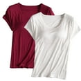 thumbnail image 1 of Pijama de manga corta para mujer, 2 piezas, color liso, cuello redondo, manga corta, con copa acolchada, ropa de casa, pijama de manga corta, pijama para mujer, 1 of 2