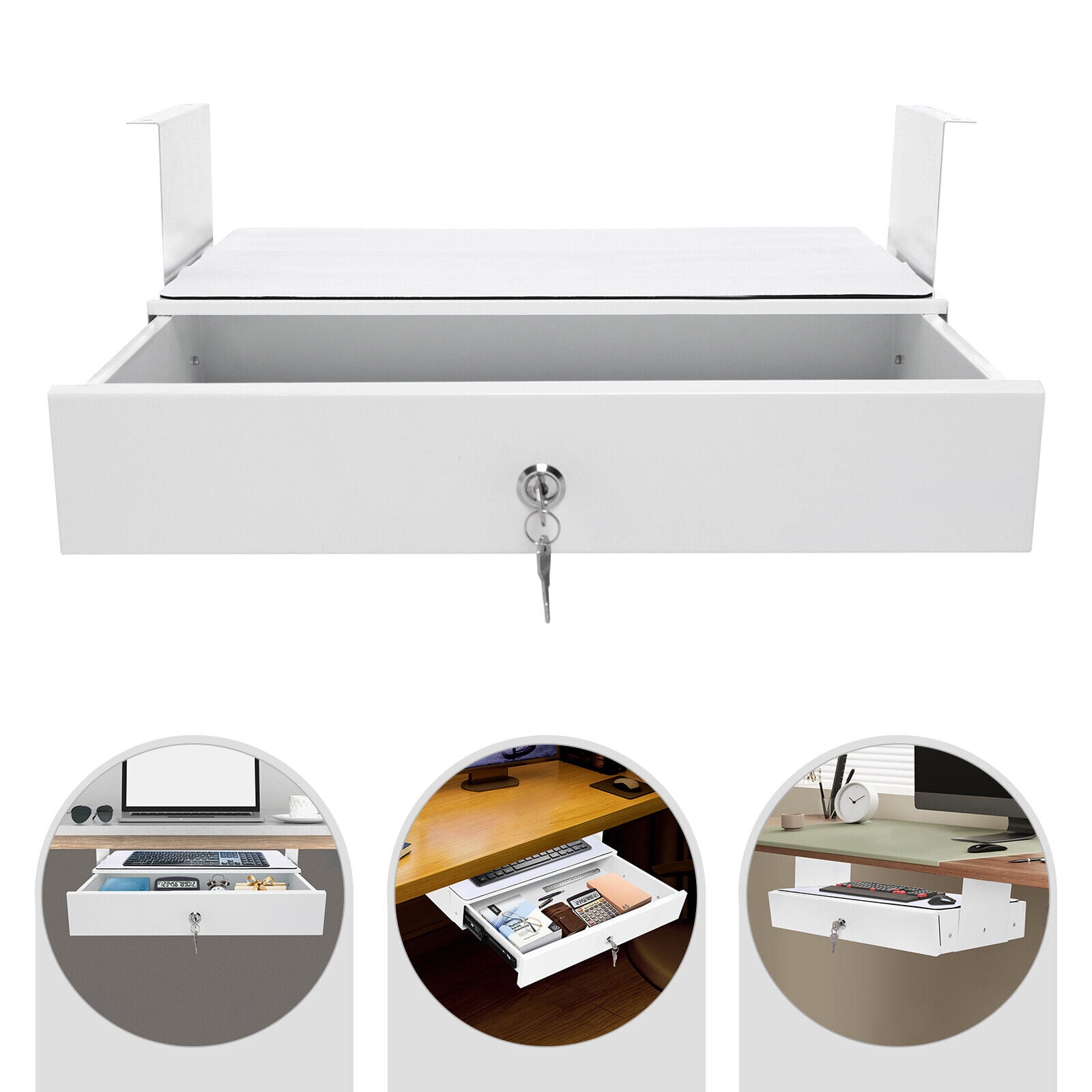 Lockable Sliding Underdesk Drawers Organiser Metal Pull Out Storage Drawer w/ Computer Pad for Office Standing and Standard Desks White