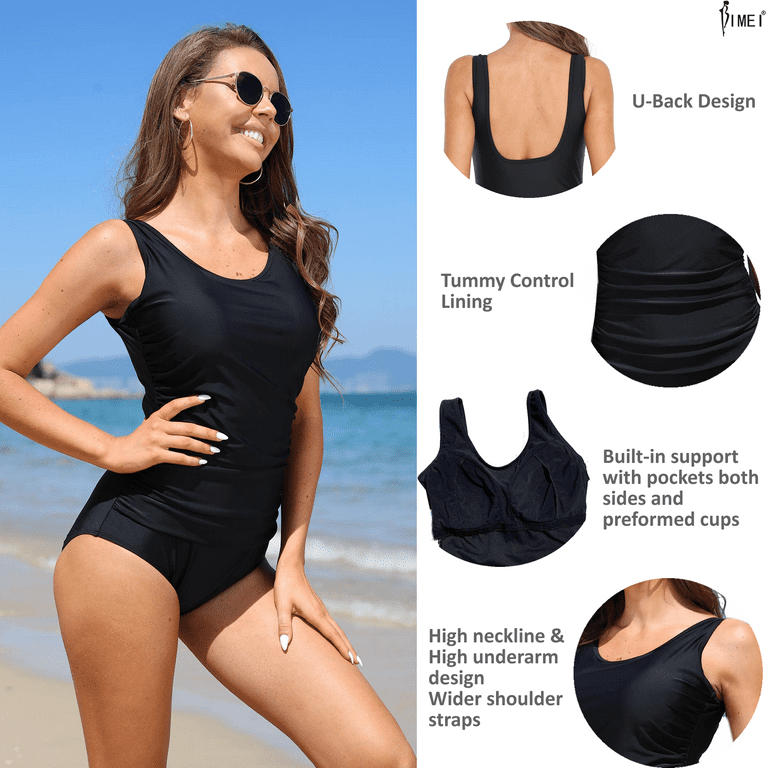 BIMEI Women's One-Piece Pocketed Mastectomy Swimsuit Tummy Control Bathing  Suits 125, Black, 3XL 