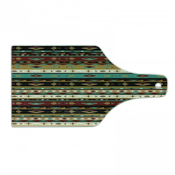 Ethnic Cutting Board, Traditional Essential Motif with Geometric Ornaments Classic Folkloric Print, Decorative Tempered Glass Cutting and Serving Board, in 3 Sizes, by Ambesonne