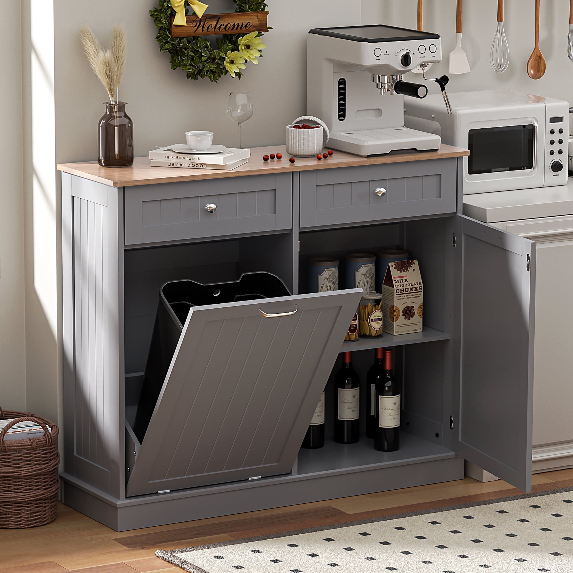 HARIPUL Single Tilt Out Trash Cabinet 13 Gallon Waste Bins Hidden Trash Bin w/ Hiddles for Kitchen, Gray