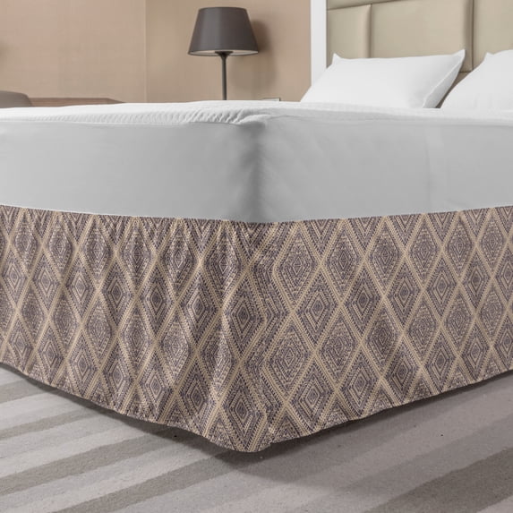 Ethnic Bed Skirt, Oriental Squares with Various Geometric Motifs Ornamental Details, Elastic Bedskirt Dust Ruffle Wrap Around for Bedding Decor, 4 Sizes, Pale Peach Dark Indigo, by Ambesonne