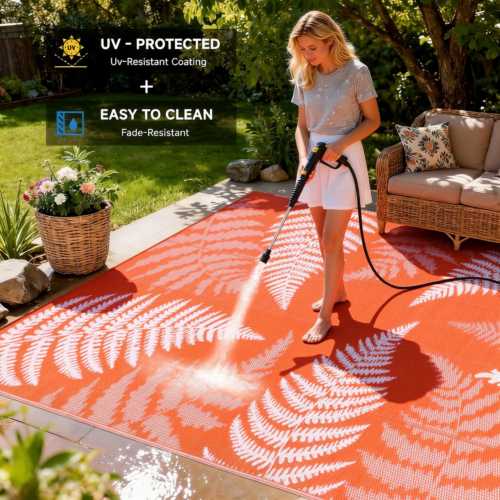 9'x12' Outdoor Rugs for Patios, Yamaziot Patio Rug RV Mats, Waterproof Reversible Plastic Straw Camping Rug for Deck Porch Balcony Beach Tropical, Palm Leaf Orange