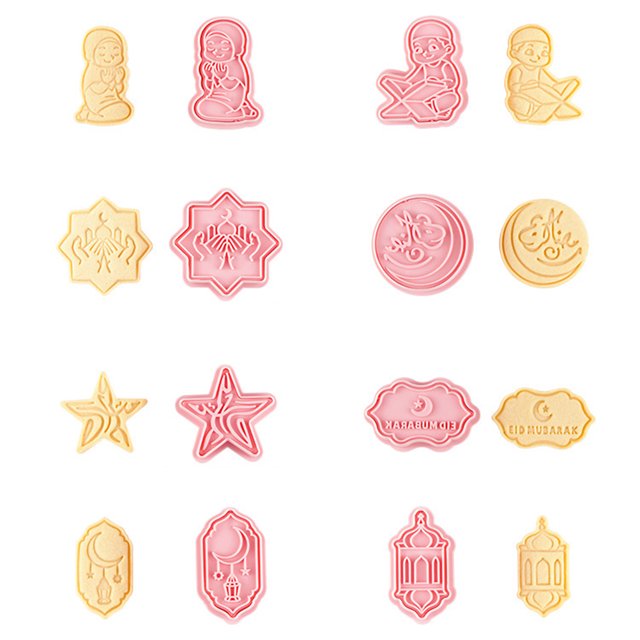 Juego de cortadores Eid Mubarak, cortadores de galletas con sello de Ramadán 3D para masa, queso, herramienta para hornear con relieve de galletas DIY