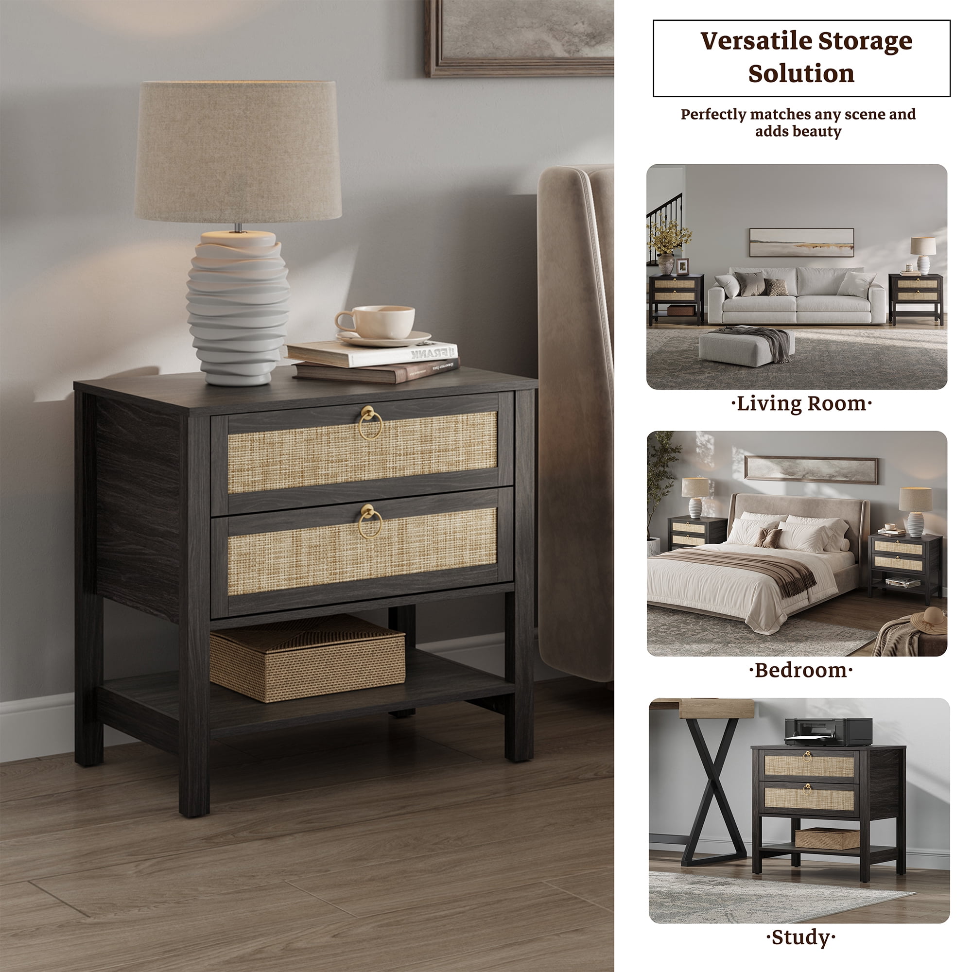 Surmoby 26.7"W Large Boho Coastal Nightstand Set of 2 with Dual Rattan Drawers & Open Shelf - Farmhouse Bedside Tables for Bedroom Living Room Enterway, Black