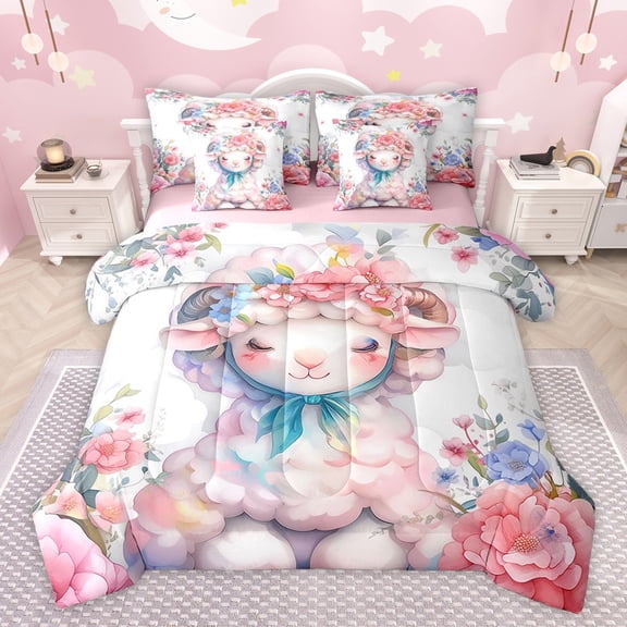 Castle Fairy Boys Girls Cartoon Floral Sheep Twin Bedding Sets 7-Piece,Kawaii Farmhouse Animal Bedding Comforter Set Microfiber,Chic Flowers Blossoms Breathable Sheet Sets,Ultra Soft Home Decor