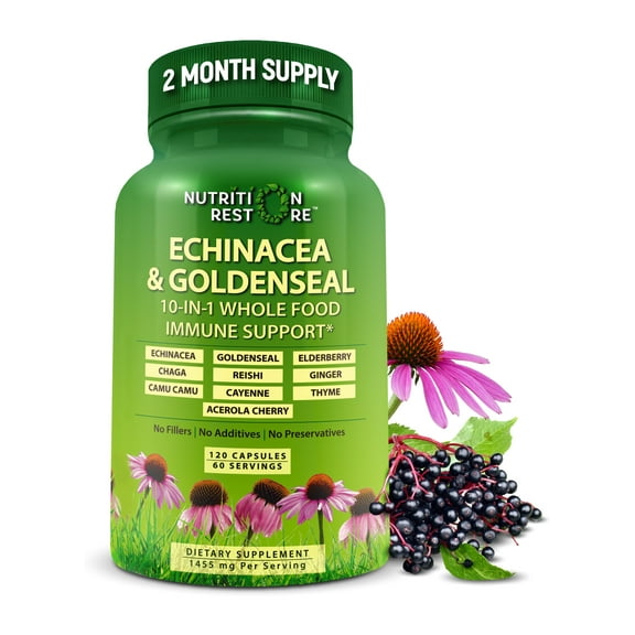 Nutrition Restore Echinacea Goldenseal Capsules 10 in 1 Vegan Herbal Immune Support Supplement, 120 Count