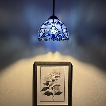 Tiffany Mini Hanging Lights Blue Stained Glass Baroque Style LED Bulb Included for Dining Room Island Kitchen 8”W*8”D*60”H