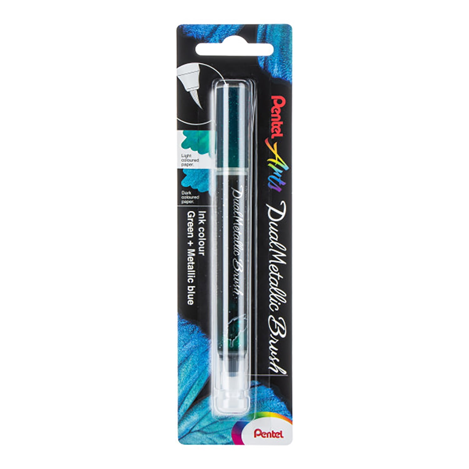 Pentel Arts DualMetallic Brush, Green/Metallic Blue Ink, Pack of 3