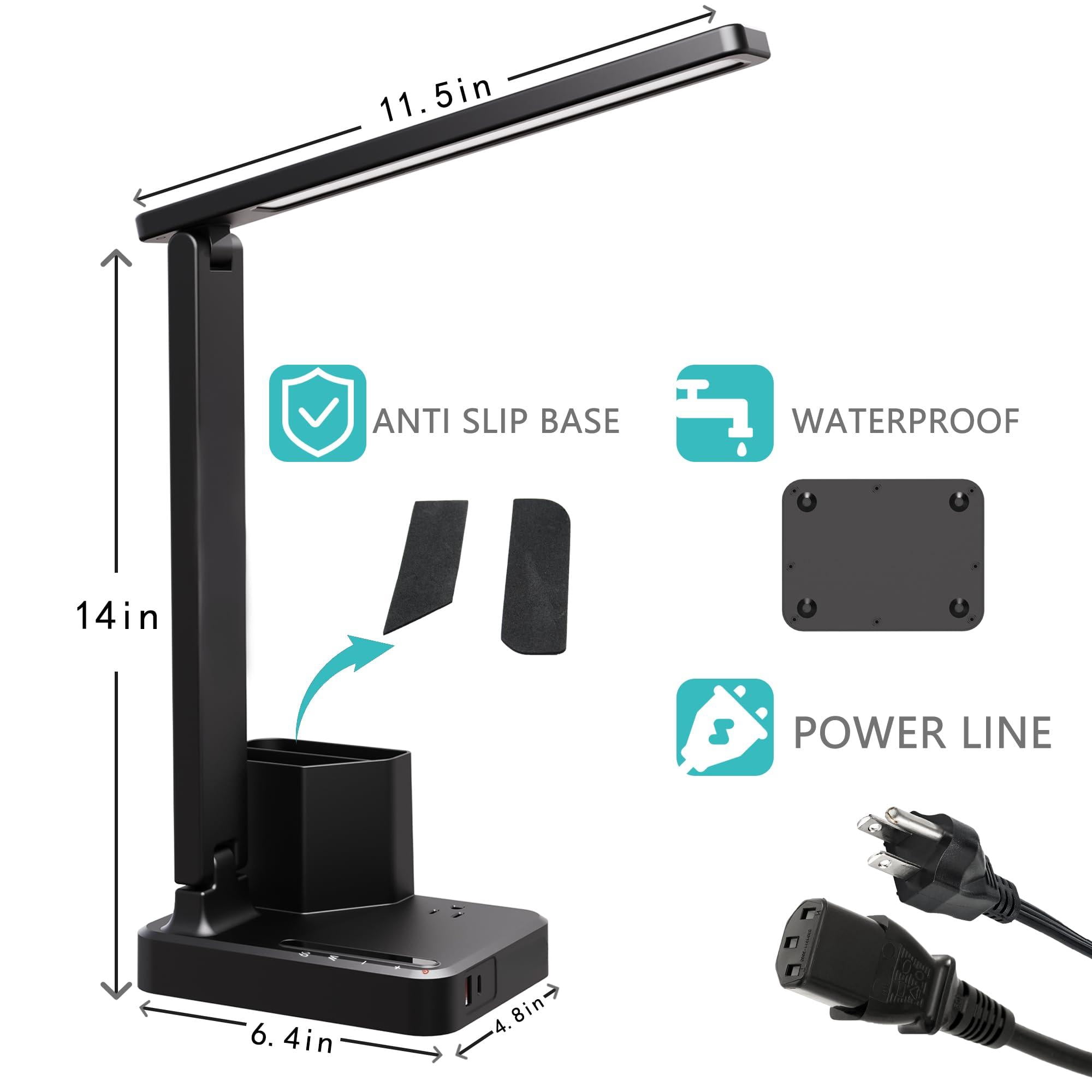 Led Desk Lamps For Home Office  Modern Dimmable Eye Caring Light With Usb Charging Ports Ac Outlet Pen Holder Touch/memory/timer Small Table Lamp Reading Bedroom Study Craft