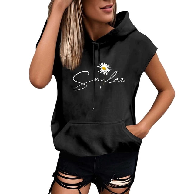 HUITKMM Chandails pour Femmes Tendance Grande Taille Mode Lettre Sweat à Capuche Manches Courtes Blouse Ample
